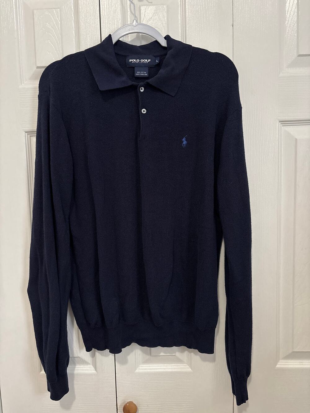 Ralph Lauren Polo Golf 100% Cotton Navy Textured Long Sleeve Polo, Size L